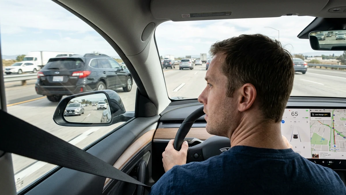 Driver glancing over shoulder to check the blind spot before initiating a lane change on a multi-lane highway