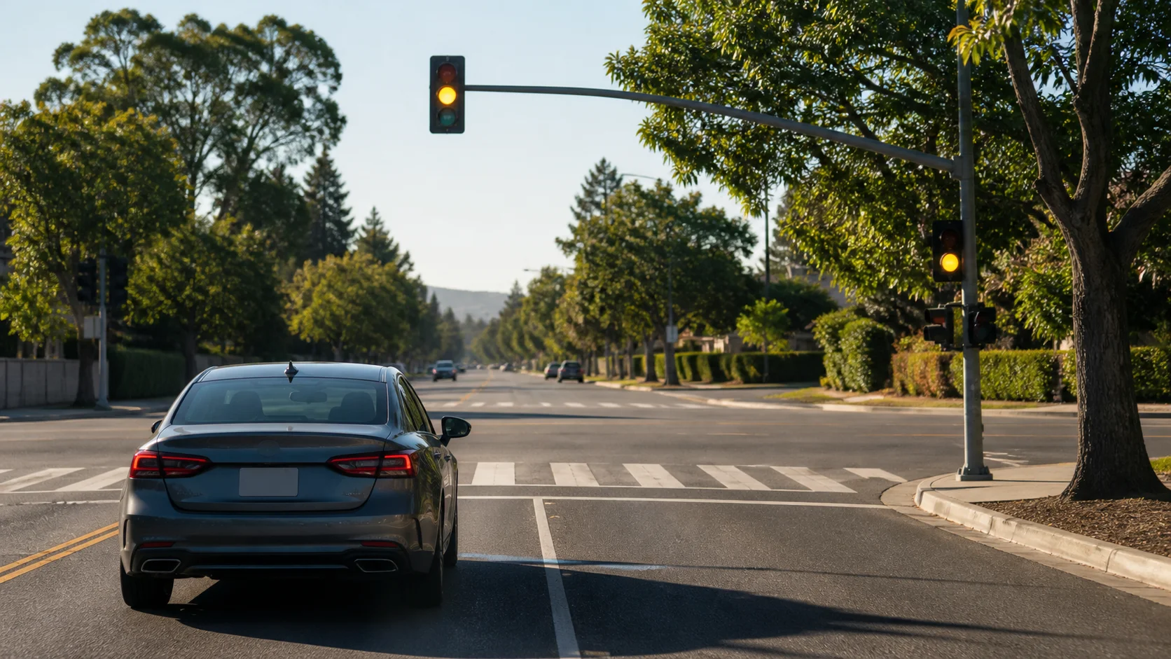 Traffic signal turning to solid yellow at a suburban intersection as approaching vehicles judge stopping distance