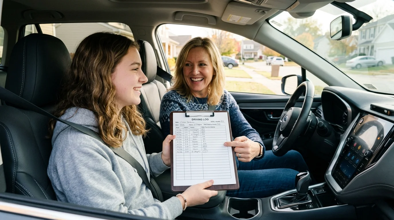 Parent and teenager filling out the DMV supervised driving practice log inside a parked car