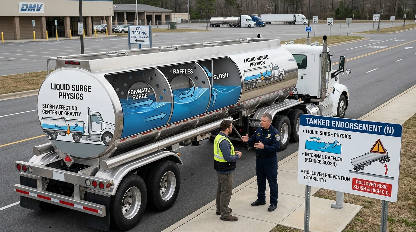 Commercial tractor-trailers representing hazmat tanker and doubles haulers