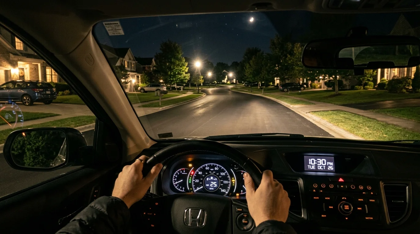Teen driver in car at night reviewing provisional license curfew rules