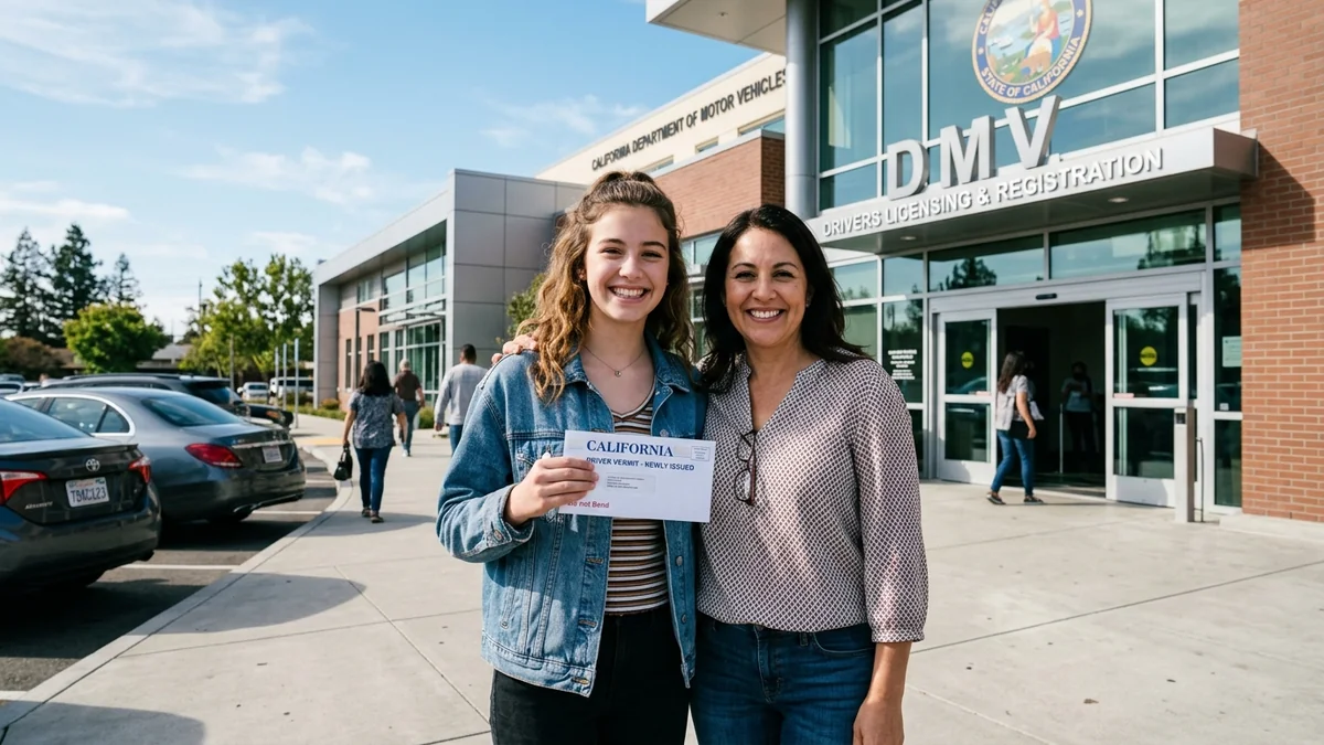 Excited teen driver holding newly issued permit with parent outside DMV licensing office
