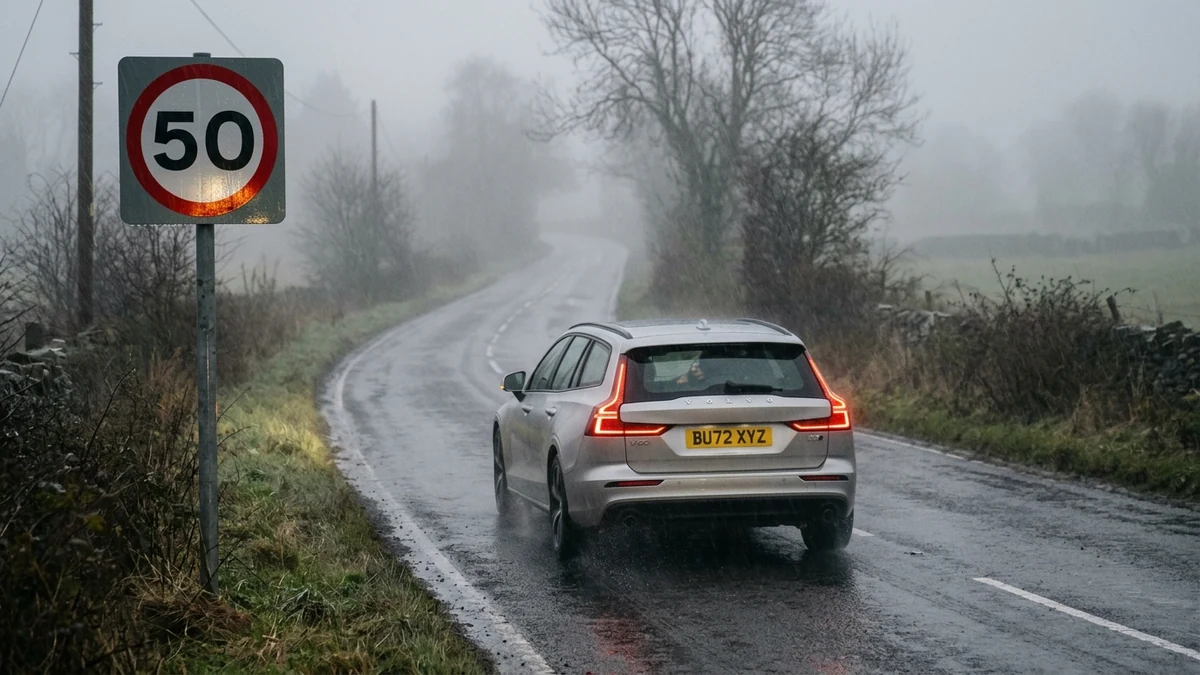 Automobile driving cautiously in dense fog and rain on a rural roadway passing a speed limit sign