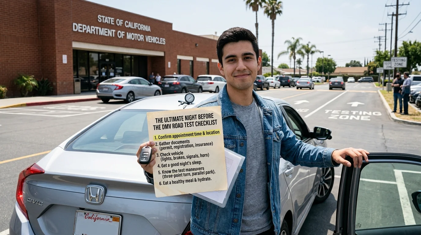 Student driver organizing documents and car keys the night before the DMV road test