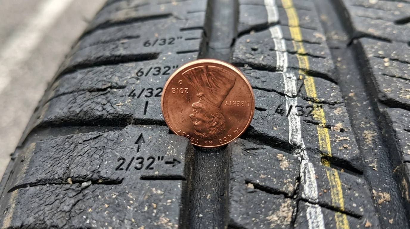 Person inserting a coin upside down into a car tire tread to measure tread depth