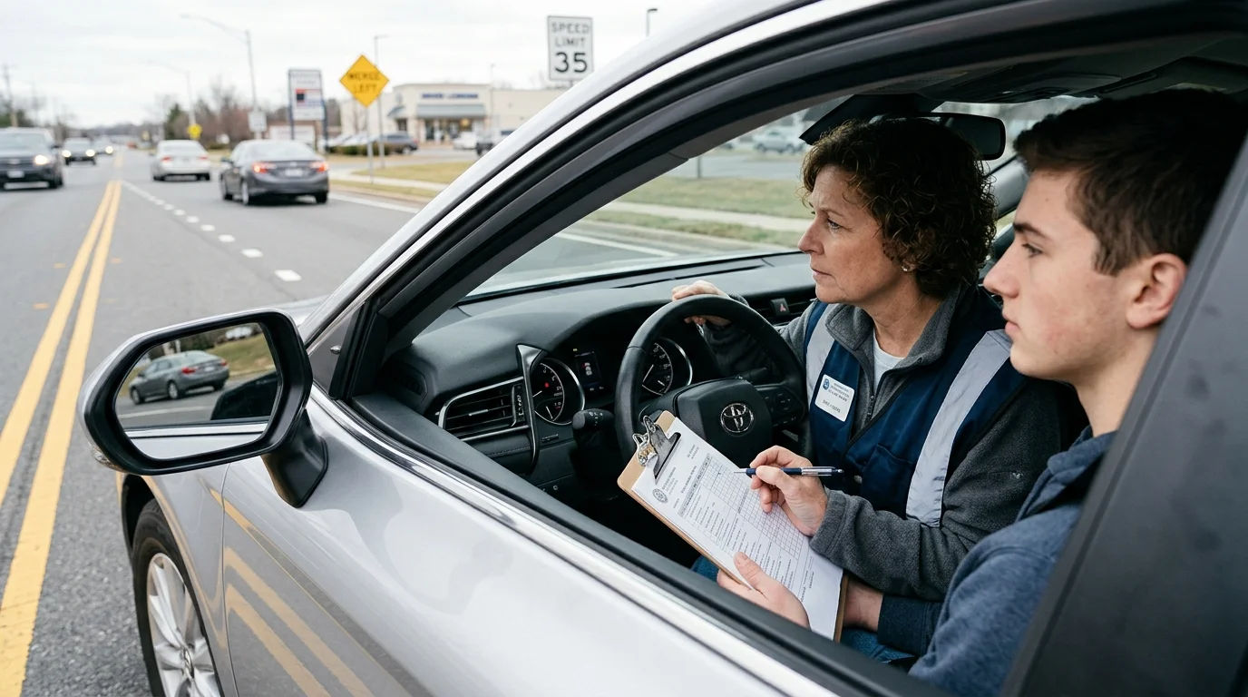 DMV driving examiner observing applicant head movement and mirror scanning behavior