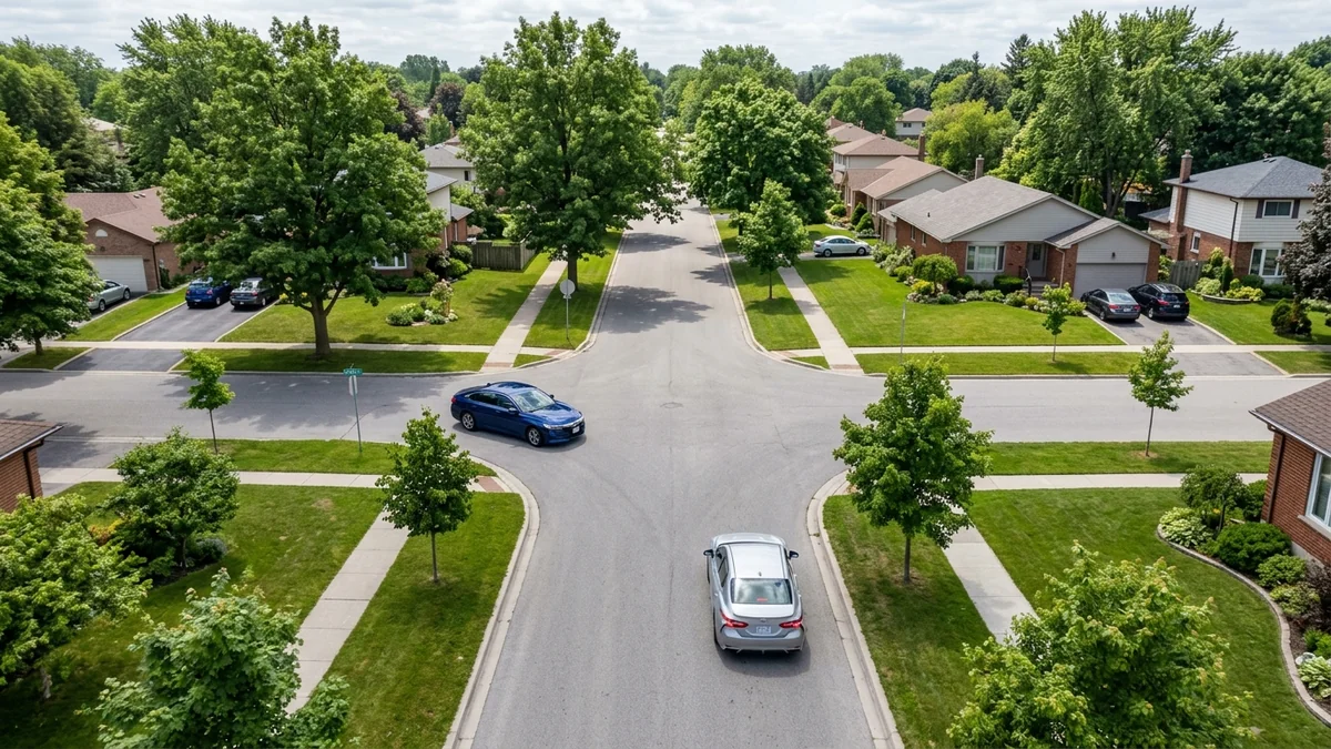 Aerial perspective of a quiet residential cross-intersection with no stop signs or traffic signals