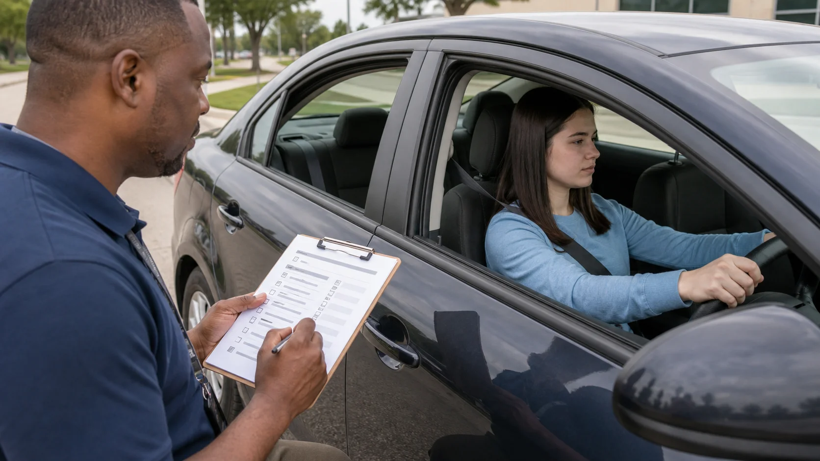 DMV driving examiner holding official Driving Performance Evaluation clipboard scoring sheet