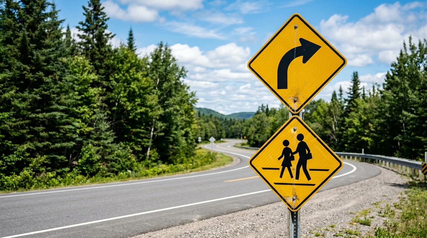 Assortment of yellow diamond and fluorescent warning signs indicating curves, pedestrian crossings, and school zones
