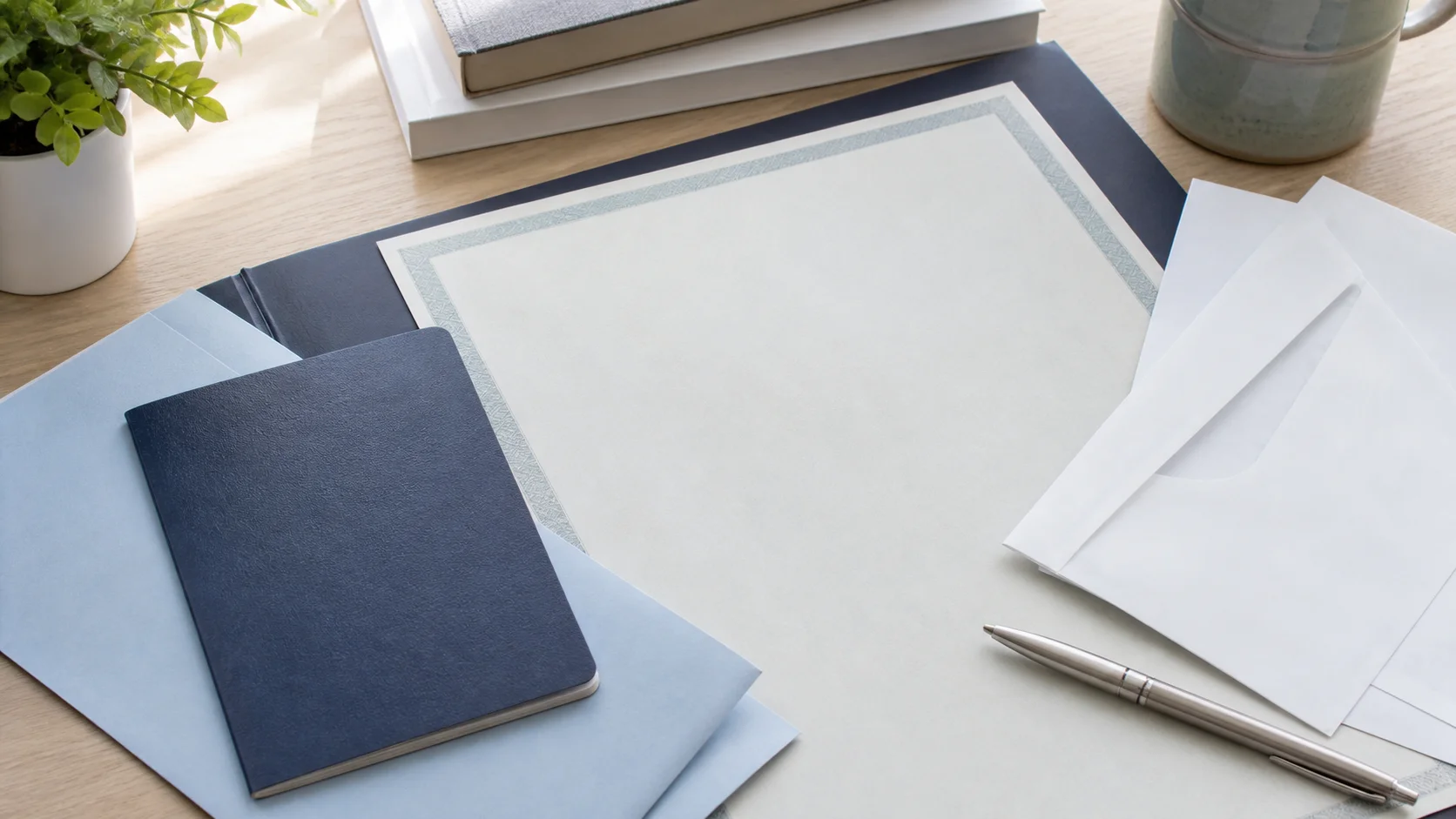 Realistic paperwork flat-lay on a desk with passport, birth certificate, residency forms, and pen for DMV application