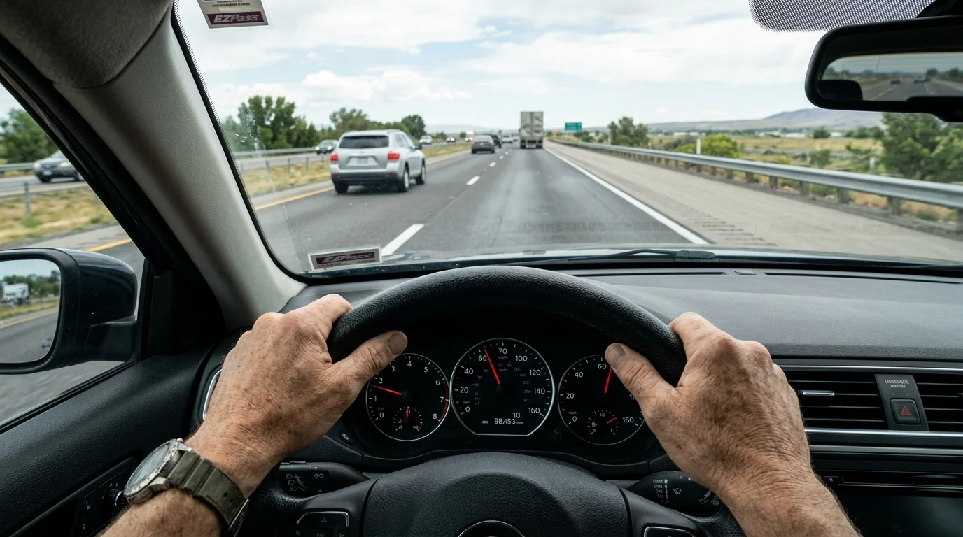 Driver safely maneuvering a car with brake failure toward the highway shoulder