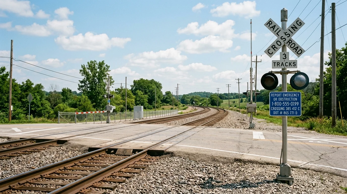 Railroad crossing showing the blue Emergency Notification System ENS sign on the signal mast