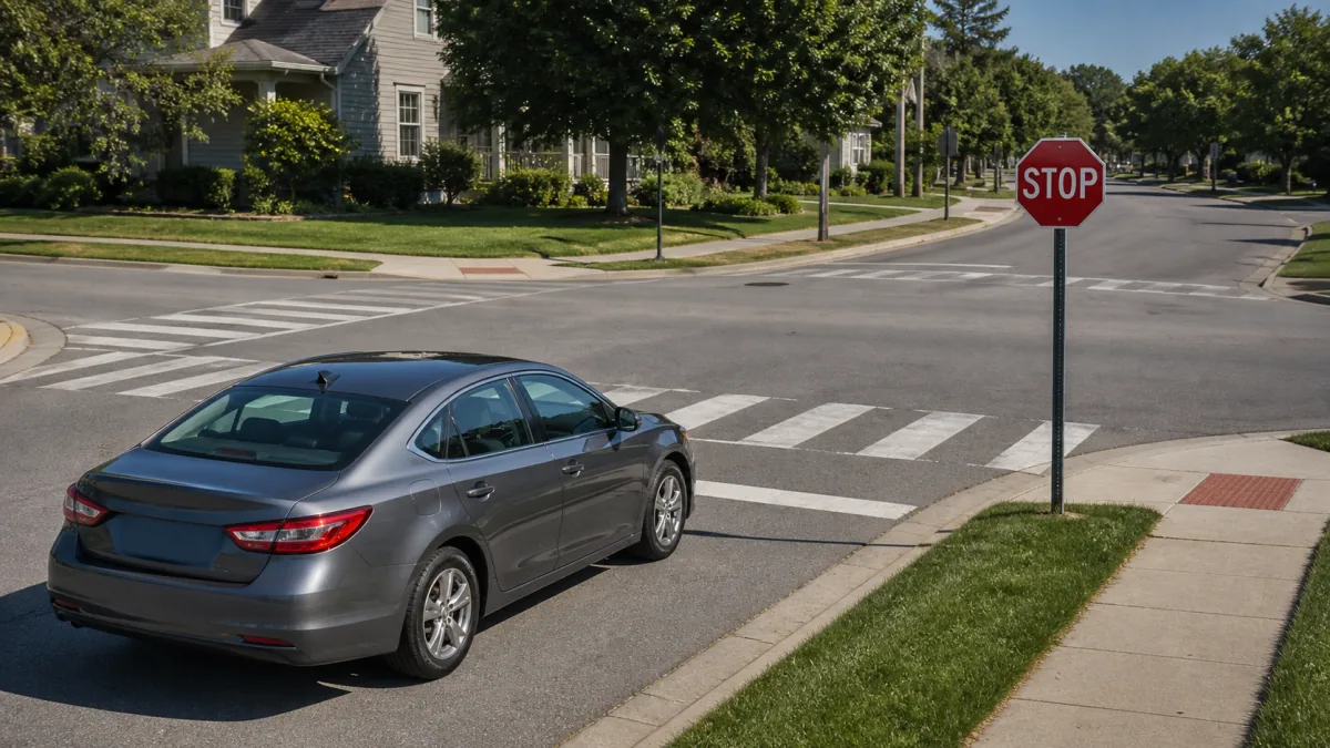 Car coming to a complete legal stop behind a painted white limit line at a red stop sign