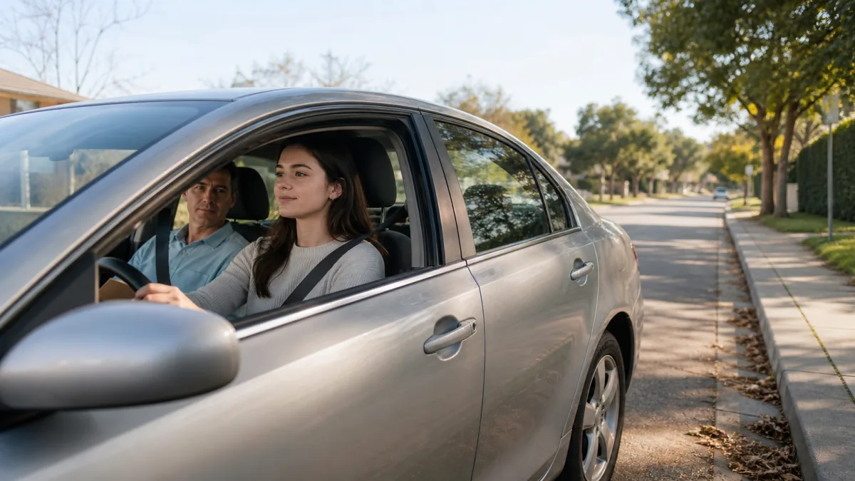 Student driver remaining calm and recovering after making a minor driving error on test