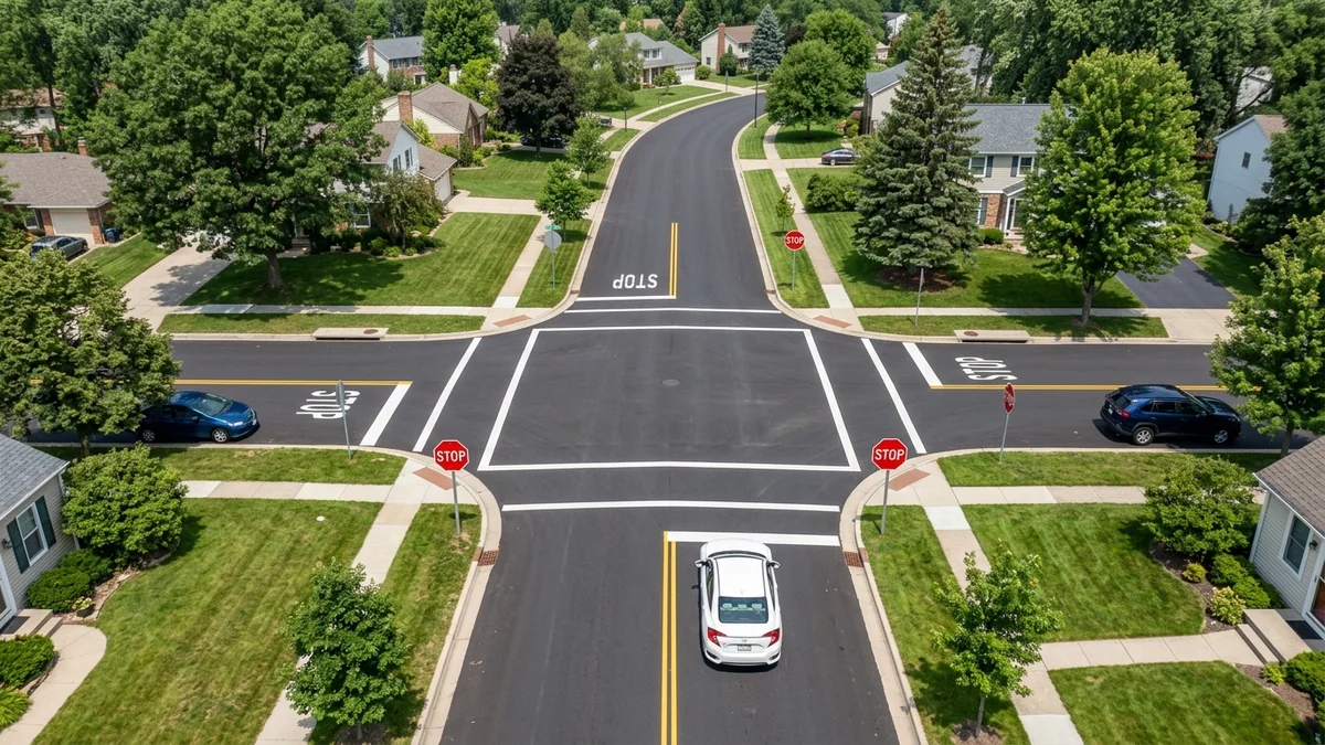 Aerial perspective of a suburban 4-way stop intersection with stop signs and crosswalk lines