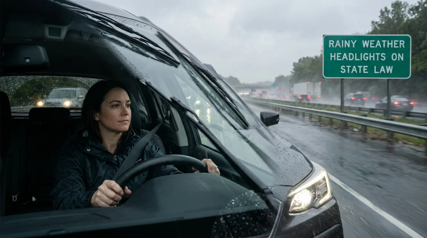 Car driving in heavy rain with headlights illuminated and windshield wipers active