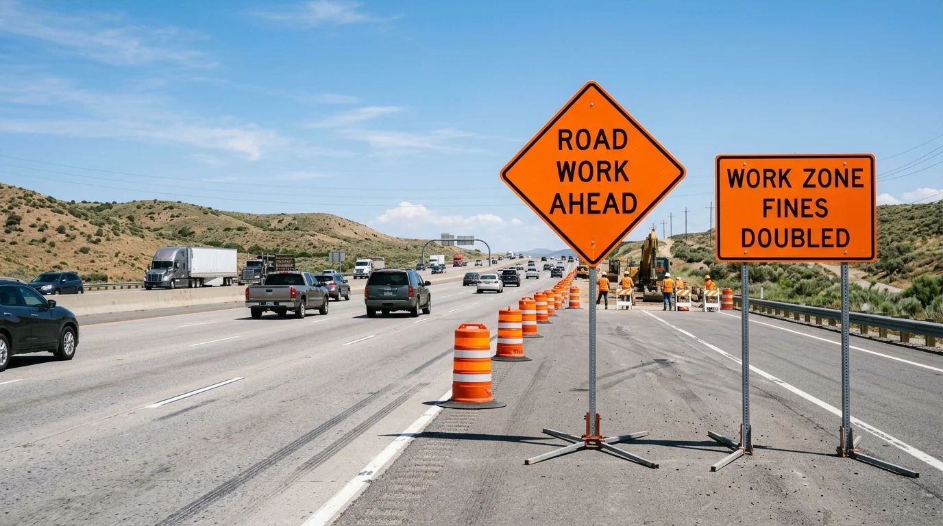 Highway construction work zone with orange warning signs, traffic cones, and digital arrow message boards