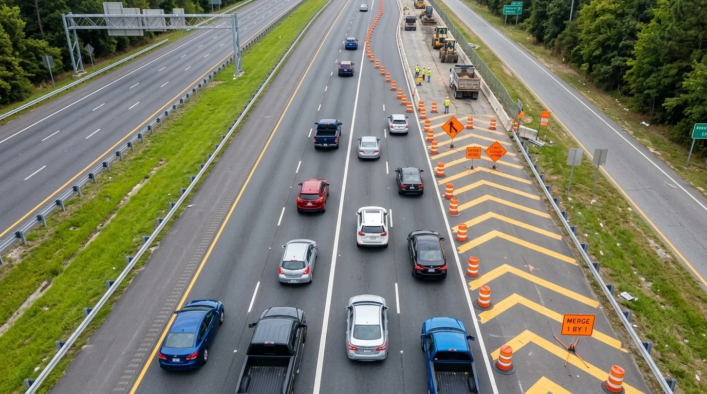 Highway zipper merge diagram showing cars alternating one-by-one at the merge taper point