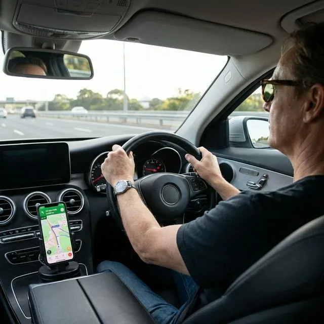 Adult driver with smartphone securely mounted on the dashboard using a navigation app, obeying California hands-free laws