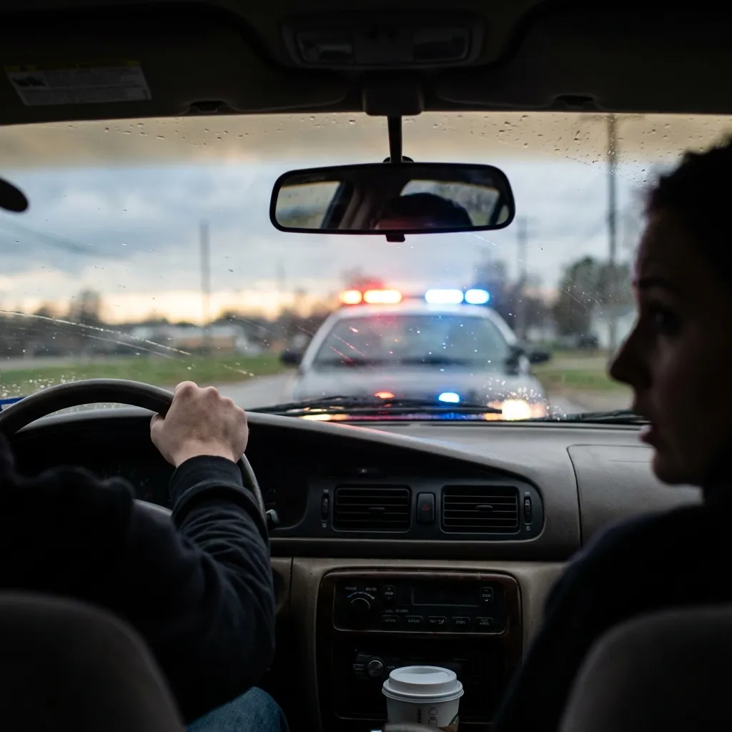 Review mirror view of police traffic stop