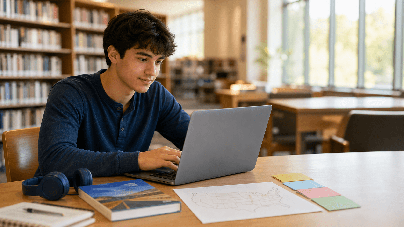 Learner preparing for a permit test at a library