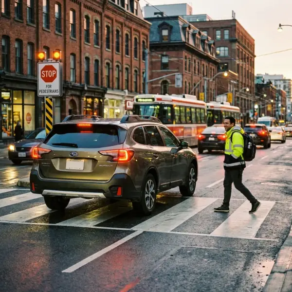 Car stopping for pedestrian at marked crosswalk